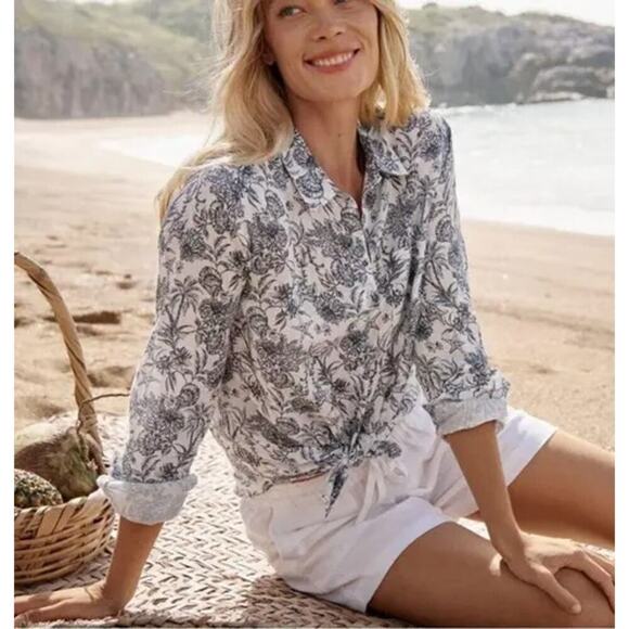 Garnet Hill White Blue Salt Sea Floral Print Linen Button Down Shirt Size 18 - Picture 2 of 9